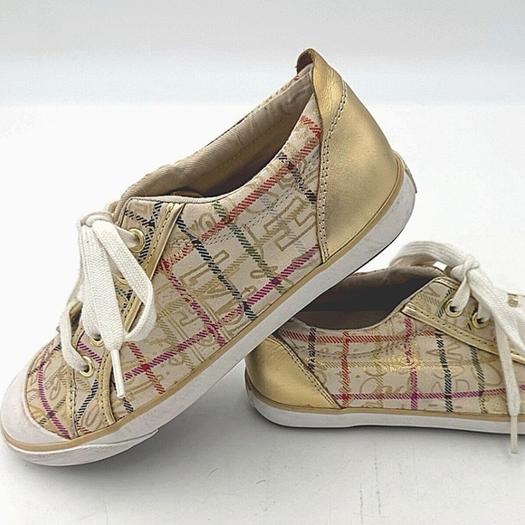 Coach POPPY BARRETT TATTERSALL WITH GOLD TRIM LOW TOP SNEAKERS F0007/C09 Sz8.5-9 - Picture 1 of 4